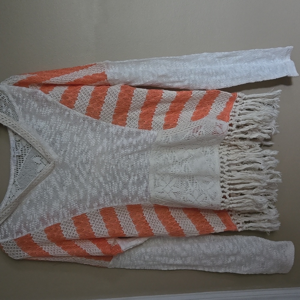 Miss Me White and Orange Cream Striped Knit Sweater Hood Small